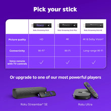 Comparison chart for Roku Streaming Stick models with picture quality, Wi‑Fi, and remote controls