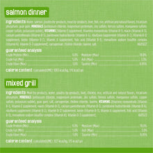 Wet cat food ingredients and guaranteed analysis panels for salmon dinner and mixed grill