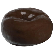 Single frosted mini donut with dark chocolate coating and shine