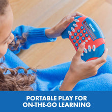 Portable Math Whiz electronic math game, blue-orange device with numeric buttons