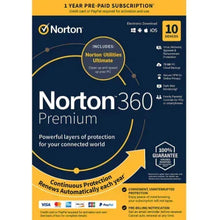 Norton 360 Premium subscription box showing 100% guarantee badge and upgrade arrow