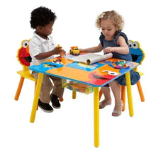 Sesame Street kids table and chairs set with colorful character graphics, storage-ready top