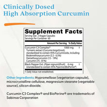Curcumin supplement Supplement Facts panel for 2 veggie capsules, 60 servings