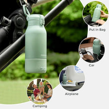 Portable milk warmer, light green bottle with handle for travel