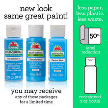 Acrylic craft paint bottles showing satin electric blue shades, 2 fl oz each