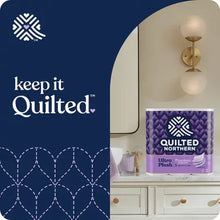 Quilted Northern Ultra Plush toilet paper pack on a countertop with decor items.