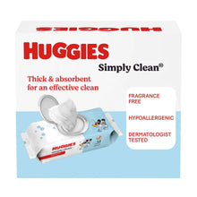 Huggies Simply Clean baby wipes box with fragrance-free and hypoallergenic labels