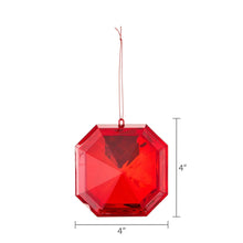 Red faceted square gem ornament with hanging loop, 4 in size