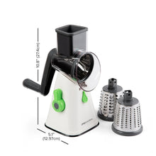 Manual rotary grater and slicer with two drum attachments, white base and green handle