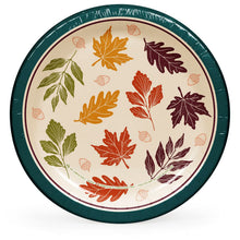 Member's Mark 10-inch paper plate with a teal rim and multicolor autumn leaf print