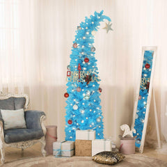 VEIKOUS 6ft Christmas Tree Crooked Neck, Pre-Lit Xmas Grinch Tree with 200 LED Lights & 536 Branch Tips, Bendable Top Christmas Slim Tree for Holiday Decor, Blue - USA MEGA SHOP
