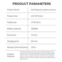 Drone product parameters chart with size and battery endurance details