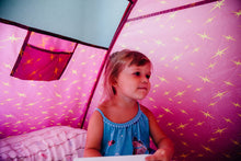 Purple twin bed tent with yellow star and moon graphics, front open panel and mesh window