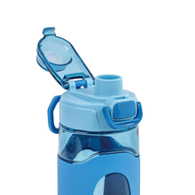 Your Zone Tritan water bottle, blue, with silicone sleeve and open flip spout