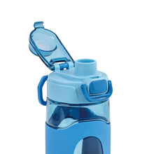 Blue Tritan water bottle with open flip lid and carry handle, integrated silicone sleeve