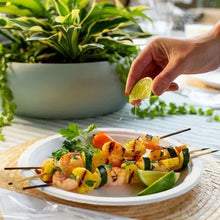 White disposable dinner plate with grilled kebab skewers and herbs