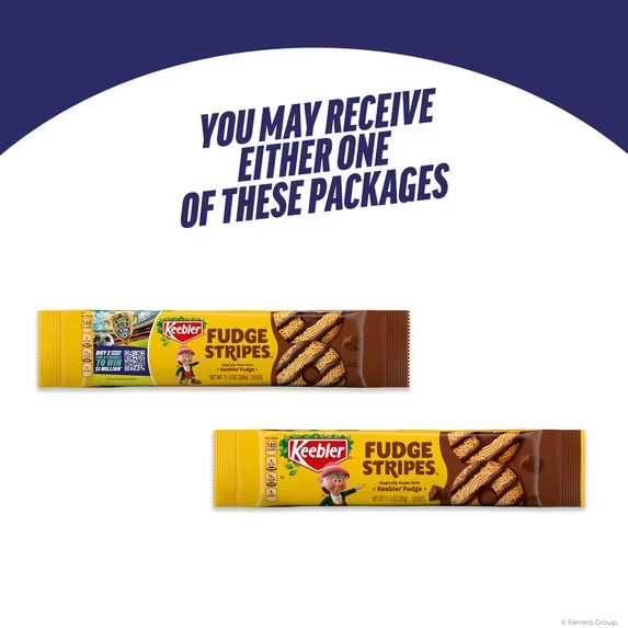 Keebler Fudge Stripes cookies showing two pack options with bar packages