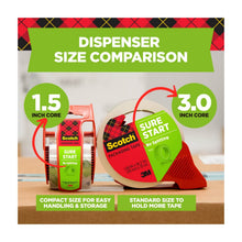 Packaging tape dispenser size comparison showing 1.5 in and 3.0 in tape cores