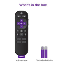 Roku voice remote and two AAA batteries shown as box contents