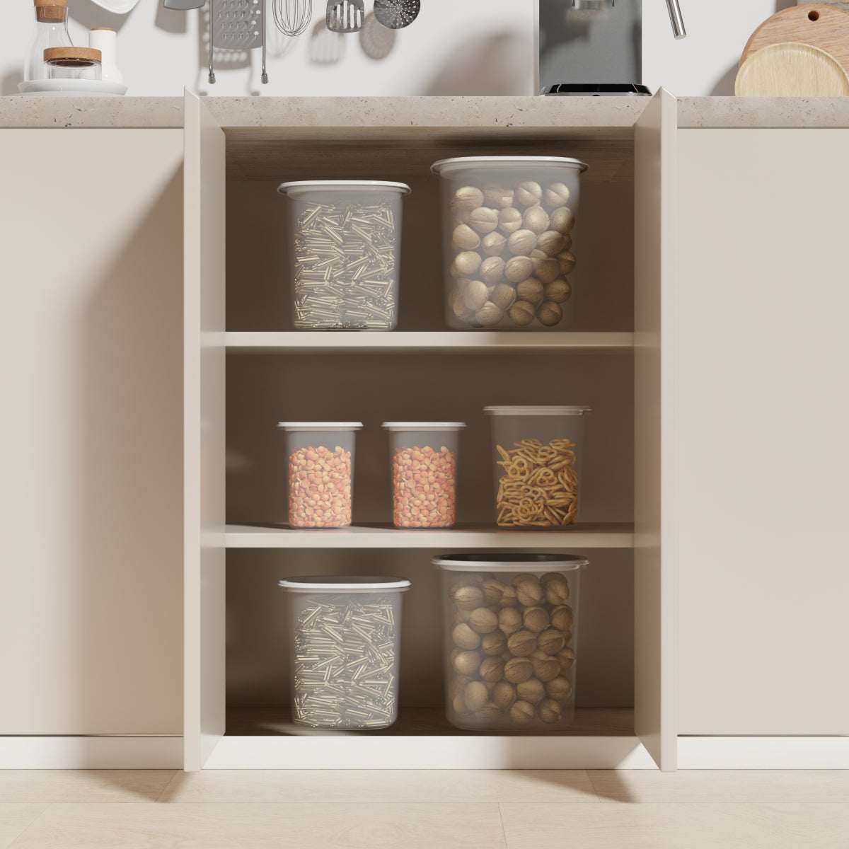 Mainstays 8-Piece Plastic Pantry Food Storage Container Set, Kitchen Pantry Organizer Canisters for Dry Food Storage and Pantry Organization