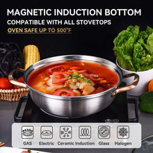 Stainless steel sauté pan with glass lid and copper handles on stovetop