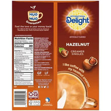 Hazelnut creamer singles box back with nutrition facts panel and ingredient info