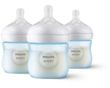 Three blue-tinted Philips Avent baby bottles with white natural response nipples