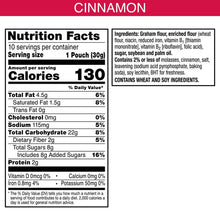 Nutrition Facts panel for cinnamon graham snacks, 10 servings per container