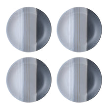 Gray stoneware dinner plates with vertical stripe glaze and dark outer edge