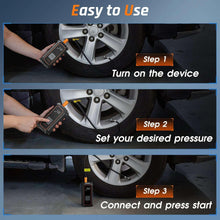Cordless portable tire inflator showing step-by-step operation on a car wheel