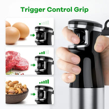 Immersion blender trigger control grip, black top and stainless steel body