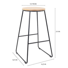 Backless bar stool with natural wood round seat and black metal legs