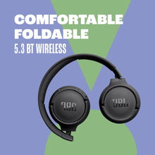 Foldable black wireless on-ear headphones with JBL logo on earcups