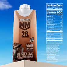 Chocolate protein shake bottle with Nutrition Facts panel, 160 calories per serving