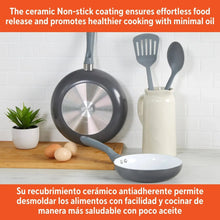 Round gray skillet with white cooking surface and three utensil tools