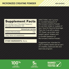 Supplement Facts and directions panel for creatine monohydrate powder