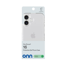 Clear protective gel phone case for iPhone 16, front view on packaging