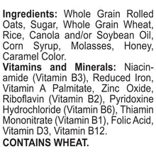 Granola cereal ingredients list text, includes vitamins and minerals and contains wheat