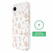 Clear iPhone Air case with pink floral design and sparkling gem accents at corners