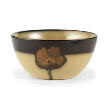 Stoneware serving bowl with gold-beige body, black band, and painted poppy flower