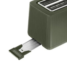 Dusty moss toaster with removable crumb tray pulled out from the base