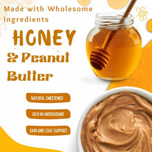 Honey and peanut butter dog treat graphic with jar and honey drizzle