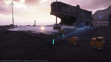 PS5 video game scene: futuristic base with crates, glowing blue lines, and an armored character