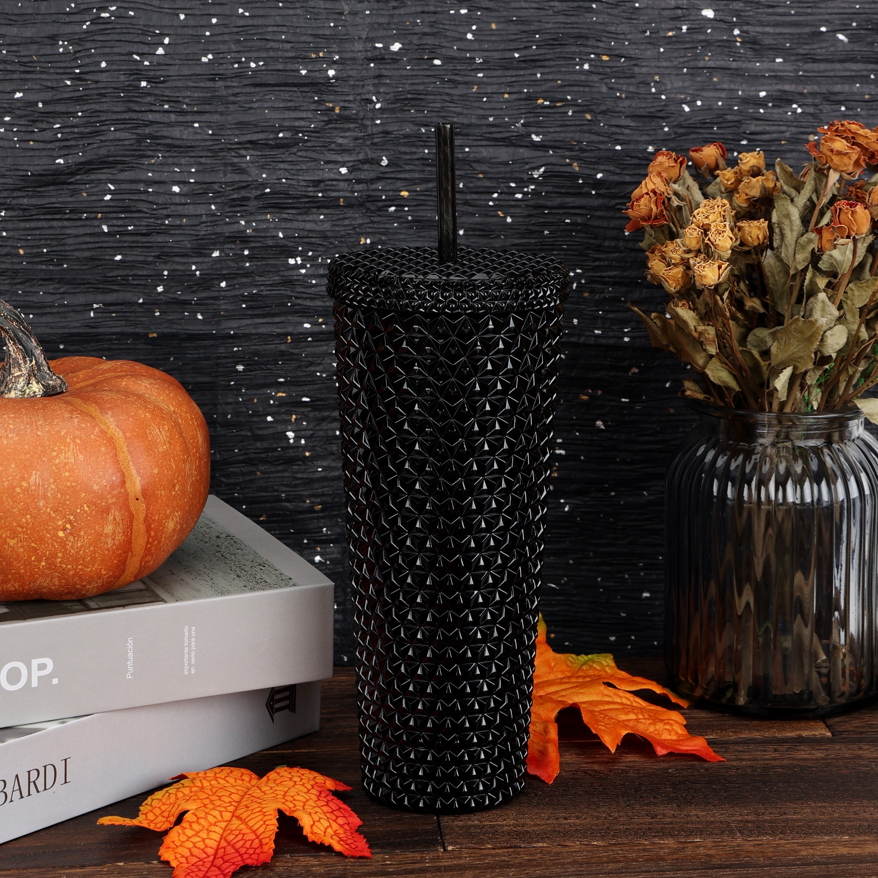 Mainstays 26-Ounce Capacity Plastic Double Wall Insulated Iridescent Textured Tumbler with Straw, Black