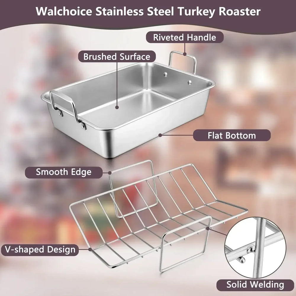 Walchoice Roasting Pan with Rack Set, Stainless Steel Large Turkey Roaster with V-shaped rack & Cooling Rack for Thanksgiving, Heavy Duty & Dishwasher Safe - USA MEGA SHOP