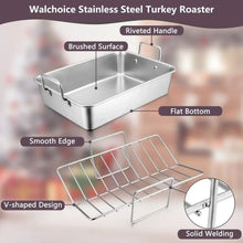 Stainless turkey roaster pan with riveted handle, flat bottom, and V-shaped wire rack