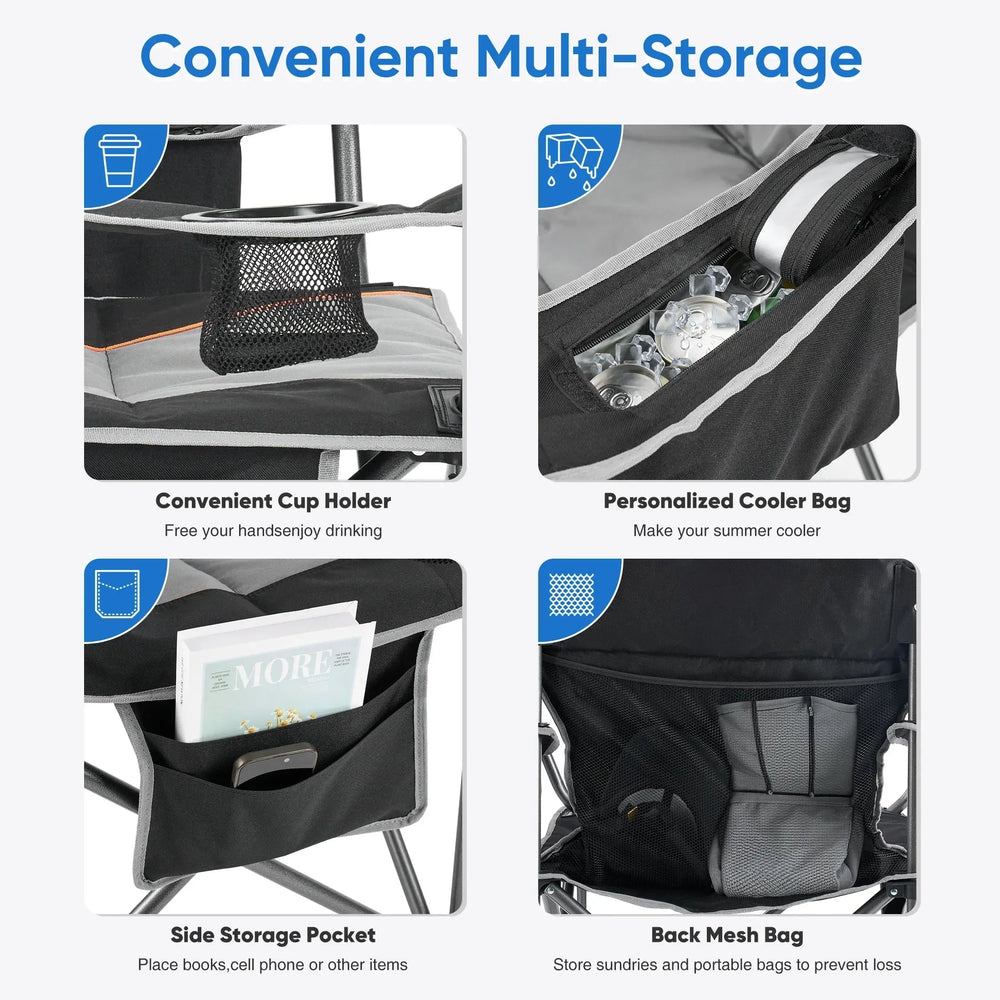 EDX Oversized Camping Folding Chair, Heavy Duty Padded Chair with Cup Holder Storage and Cooler Bag, 5000 LBS Steel Frame, Portable for Outdoor,Black Gray - USA MEGA SHOP