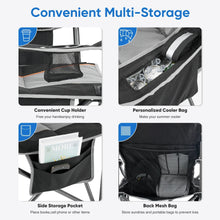 Camping folding chair with cup holder, cooler bag, side pocket, and back mesh organizer