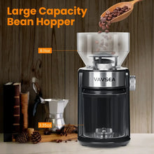 VAVSEA electric coffee grinder with large clear bean hopper, black base and silver trim