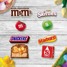 Assorted Easter candy wrappers: M&M's, Skittles, Starburst, Snickers